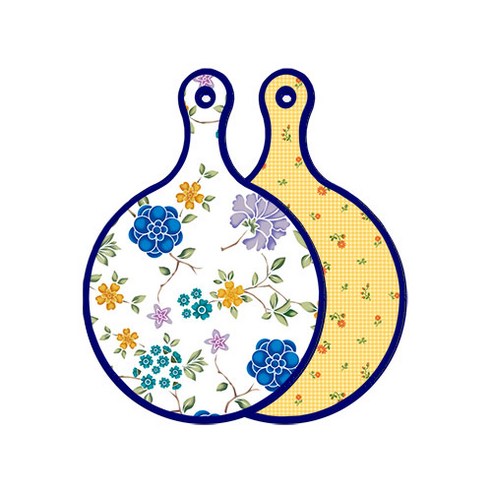 로엠디자인 블루 에디션 양면 원형 서빙 도마 보드 로맨틱블루floral화이트, 치자색플라워체크, 1개