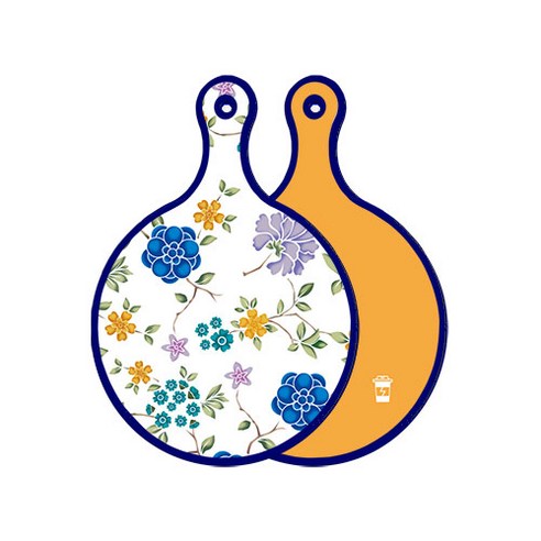 로엠디자인 블루 에디션 양면 원형 서빙 도마 보드 로맨틱블루floral화이트, 옐로, 1개
