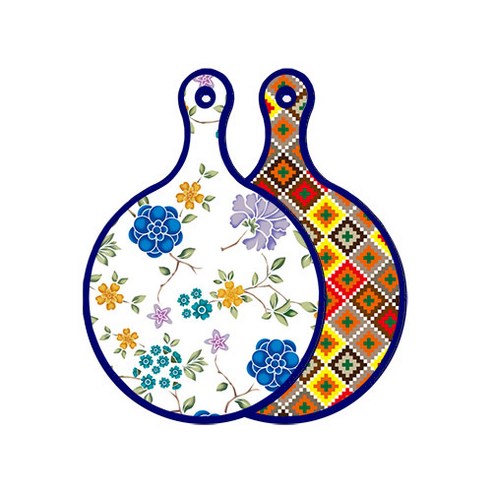 로엠디자인 블루 에디션 양면 원형 서빙 도마 보드 로맨틱블루floral화이트, 체크라인다이아, 1개