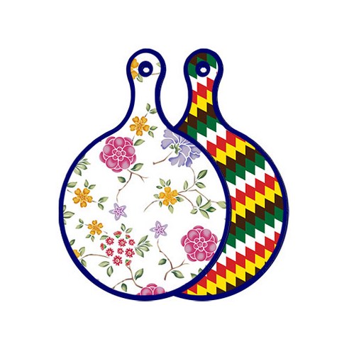 로엠디자인 블루 에디션 양면 원형 서빙 도마 보드 로맨틱레드floral화이트, 5색다이아패턴, 1개