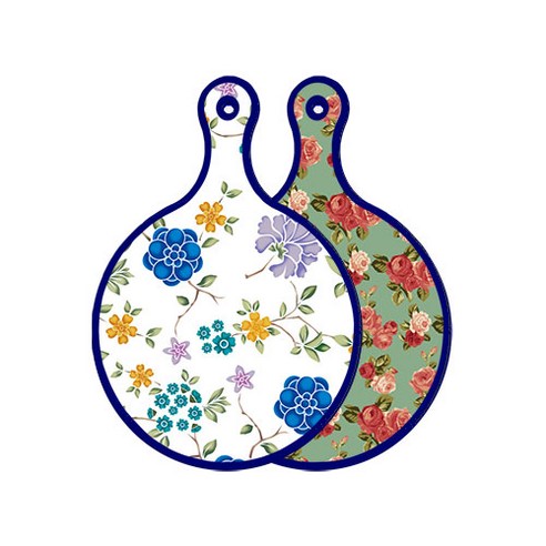로엠디자인 블루 에디션 양면 원형 서빙 도마 보드 로맨틱블루floral화이트, 취람색장미, 1개