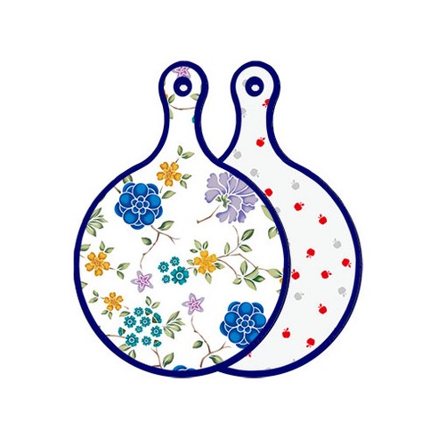 로엠디자인 블루 에디션 양면 원형 서빙 도마 보드 로맨틱블루floral화이트, 구색사과, 1개