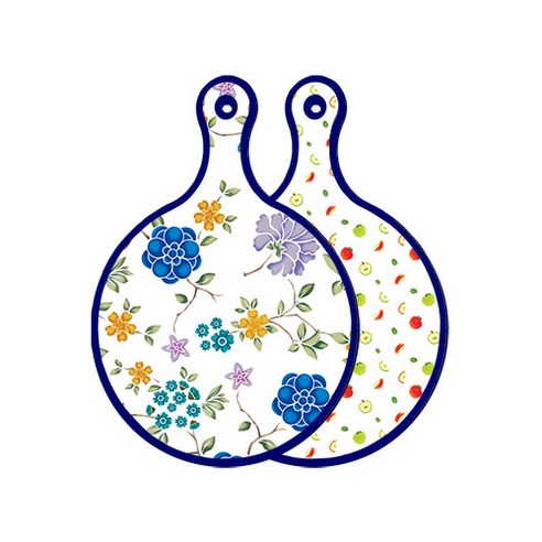 로엠디자인 블루 에디션 양면 원형 서빙 도마 보드 로맨틱블루floral화이트, 사과씨, 1개