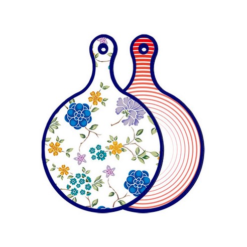 로엠디자인 블루 에디션 양면 원형 서빙 도마 보드 로맨틱블루floral화이트, 고기라인레드, 1개