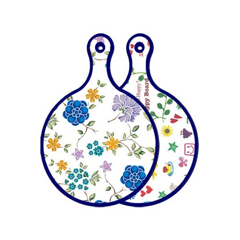 로엠디자인 블루 에디션 양면 원형 서빙 도마 보드 로맨틱블루floral화이트, 해피, 1개