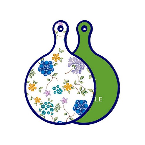 로엠디자인 블루 에디션 양면 원형 서빙 도마 보드 로맨틱블루floral화이트, 채소그린, 1개