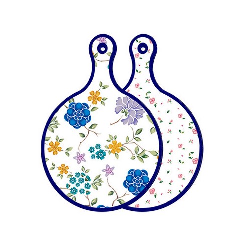 로엠디자인 블루 에디션 양면 원형 서빙 도마 보드 로맨틱블루floral화이트, 적자색장미화이트, 1개