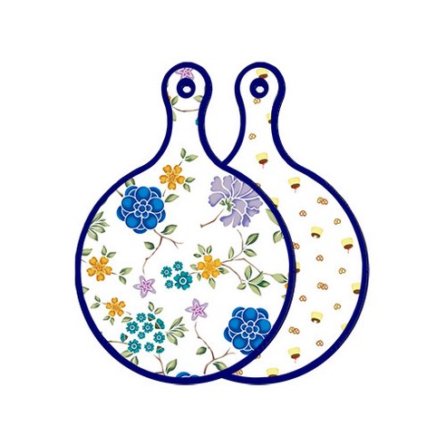 로엠디자인 블루 에디션 양면 원형 서빙 도마 보드 로맨틱블루floral화이트, 푸딩, 1개