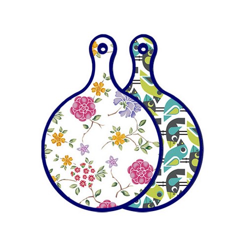 로엠디자인 블루 에디션 양면 원형 서빙 도마 보드 로맨틱레드floral화이트, 버드, 1개