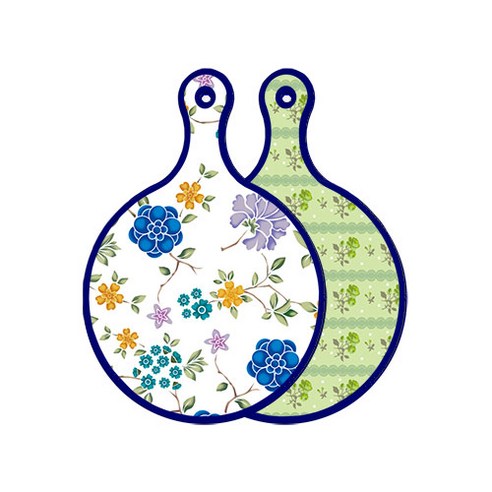 로엠디자인 블루 에디션 양면 원형 서빙 도마 보드 로맨틱블루floral화이트, 그린로즈, 1개