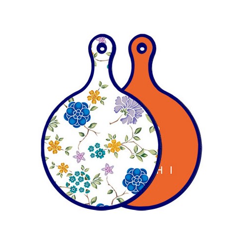 로엠디자인 블루 에디션 양면 원형 서빙 도마 보드 로맨틱블루floral화이트, 김치주황, 1개