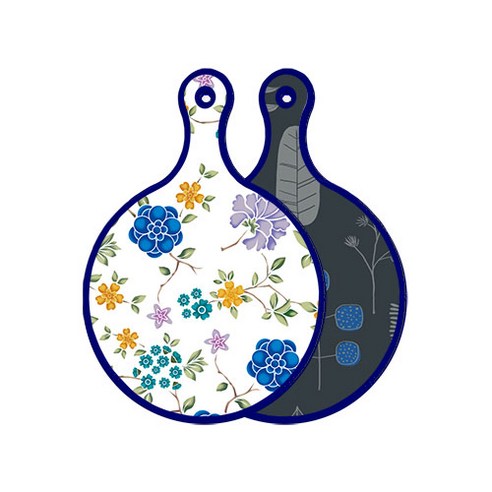 로엠디자인 블루 에디션 양면 원형 서빙 도마 보드 로맨틱블루floral화이트, 감색나무라인, 1개