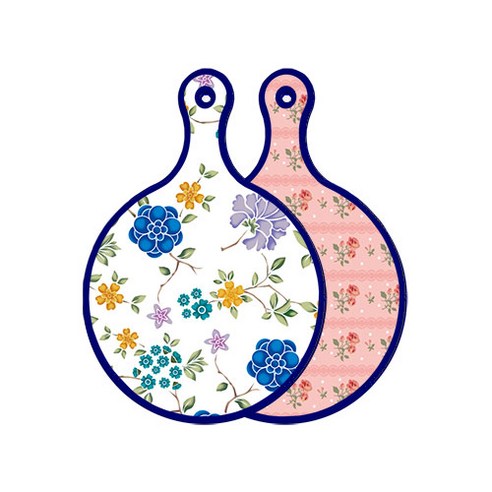 로엠디자인 블루 에디션 양면 원형 서빙 도마 보드 로맨틱블루floral화이트, 핑크로즈, 1개