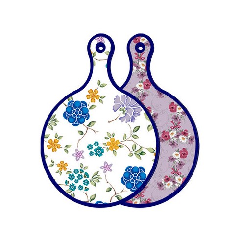 로엠디자인 블루 에디션 양면 원형 서빙 도마 보드 로맨틱블루floral화이트, 벽람색플라워, 1개