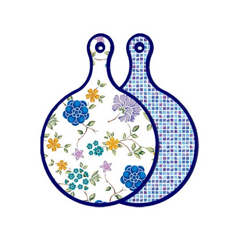 로엠디자인 블루 에디션 양면 원형 서빙 도마 보드 로맨틱블루floral화이트, 블루타일, 1개