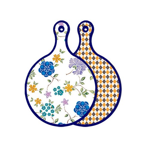 로엠디자인 블루 에디션 양면 원형 서빙 도마 보드 로맨틱블루floral화이트, 잉글랜드행황색체크, 1개