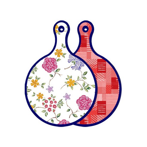 로엠디자인 블루 에디션 양면 원형 서빙 도마 보드 로맨틱레드floral화이트, 장단색체크, 1개