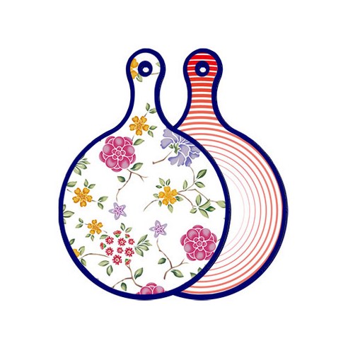 로엠디자인 블루 에디션 양면 원형 서빙 도마 보드 로맨틱레드floral화이트, 고기라인레드, 1개