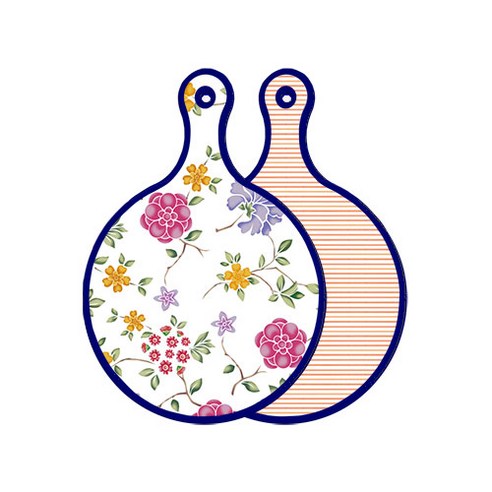 로엠디자인 블루 에디션 양면 원형 서빙 도마 보드 로맨틱레드floral화이트, 주홍라인, 1개