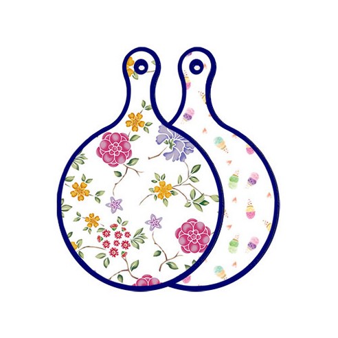 로엠디자인 블루 에디션 양면 원형 서빙 도마 보드 로맨틱레드floral화이트, 아이스크림, 1개