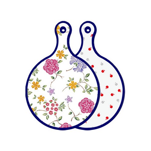 로엠디자인 블루 에디션 양면 원형 서빙 도마 보드 로맨틱레드floral화이트, 구색사과, 1개