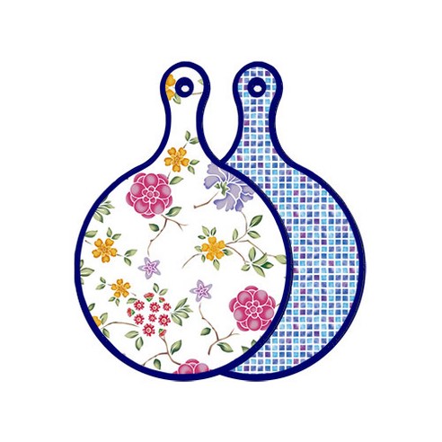 로엠디자인 블루 에디션 양면 원형 서빙 도마 보드 로맨틱레드floral화이트, 블루타일, 1개