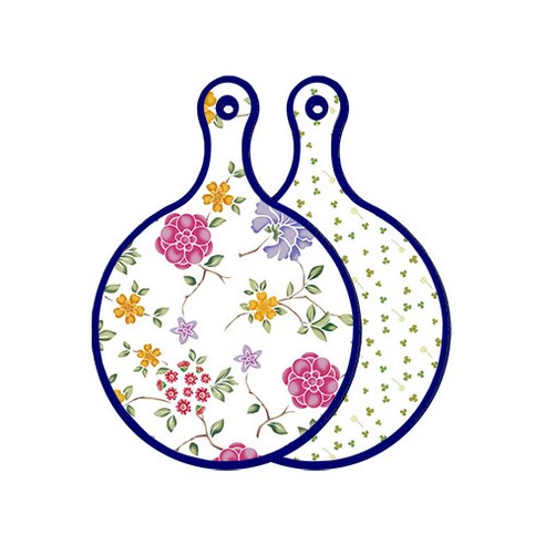 로엠디자인 블루 에디션 양면 원형 서빙 도마 보드 로맨틱레드floral화이트, 세잎클로버, 1개