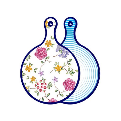 로엠디자인 블루 에디션 양면 원형 서빙 도마 보드 로맨틱레드floral화이트, 피쉬라인블루, 1개