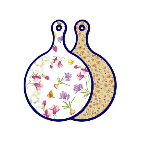 로엠디자인 블루에디션 양면 디자인 원형 서빙도마 로맨틱청자색floral, 자황색플라워, 1개