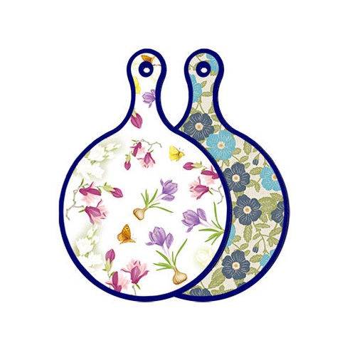 로엠디자인 블루 에디션 양면 원형 서빙 도마 보드 로맨틱청자색floral, 플라워자황색, 1개