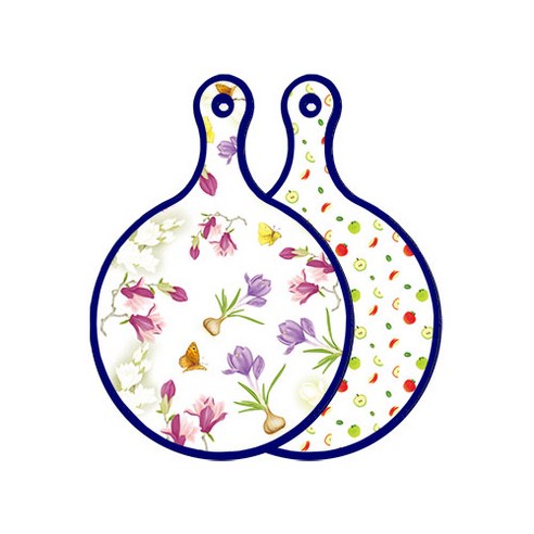 로엠디자인 블루 에디션 양면 원형 서빙 도마 보드 로맨틱청자색floral, 사과씨, 1개