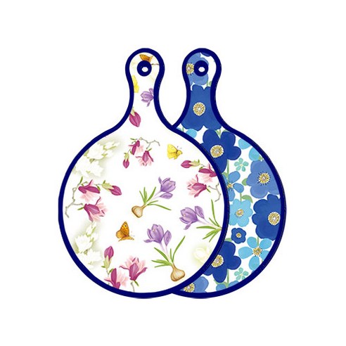 로엠디자인 블루 에디션 양면 원형 서빙 도마 보드 로맨틱청자색floral, 벽청색플라워, 1개
