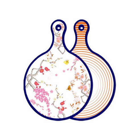 로엠디자인 블루에디션 양면 디자인 원형 서빙도마 로맨틱연지색floral, 배추라인주황, 1개