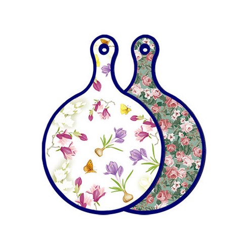 로엠디자인 블루에디션 양면 디자인 원형 서빙도마 로맨틱청자색floral, 흑록색가든플라워, 1개