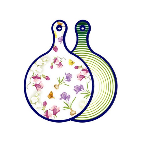 로엠디자인 블루 에디션 양면 원형 서빙 도마 보드 로맨틱청자색floral, 채소라인그린, 1개