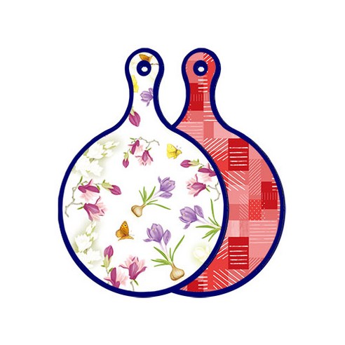 로엠디자인 블루 에디션 양면 원형 서빙 도마 보드 로맨틱청자색floral, 장단색체크, 1개