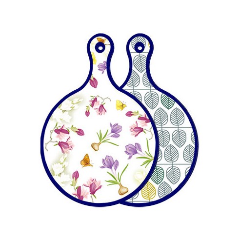 로엠디자인 블루에디션 양면 디자인 원형 서빙도마 로맨틱청자색floral, 나뭇잎패턴, 1개