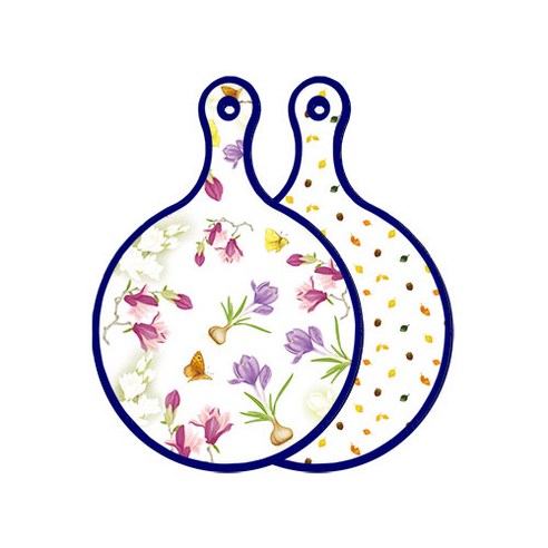로엠디자인 블루 에디션 양면 원형 서빙 도마 보드 로맨틱청자색floral, 도토리화이트, 1개