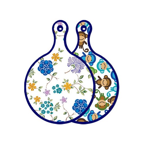 로엠디자인 블루에디션 양면 원형 서빙 도마 로맨틱블루floral화이트, 원숭이, 1개