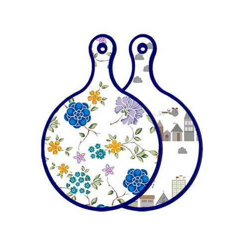 로엠디자인 블루에디션 양면 원형 서빙 도마 로맨틱블루floral화이트, 도시클립아트, 1개