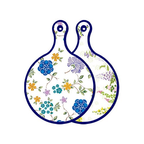 로엠디자인 블루에디션 양면 원형 서빙 도마 로맨틱블루floral화이트, 화단, 1개