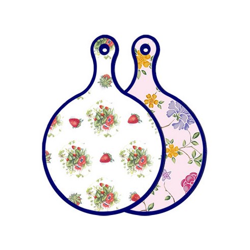 로엠디자인 블루에디션 양면 원형 서빙도마 보드 딸기아트웍, 로맨틱레드floral연분홍색, 1개