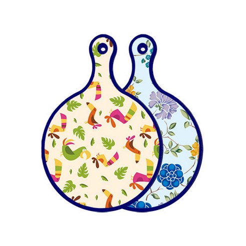 로엠디자인 블루에디션 양면 원형 서빙 도마 구관조담황색, 로맨틱블루floral비색, 1개