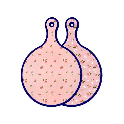로엠디자인 블루에디션 양면 디자인 원형 서빙도마 핑크플라워체크, 주홍색체리, 1개