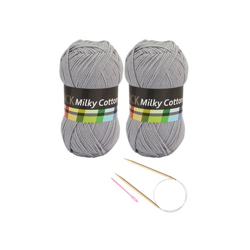 브랜드얀 요정모자 핸드워머 DIY세트 밀키코튼 블랙라벨 2p + 고급 줄바늘 5.0mm + 플라스틱 돗바늘 랜덤 발송, 연회색