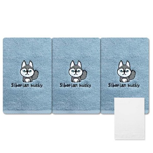 송월타월 큐티퍼피 수건 3p + 칼라행주 하얀색, 시베리안허스키(파랑), 1세트