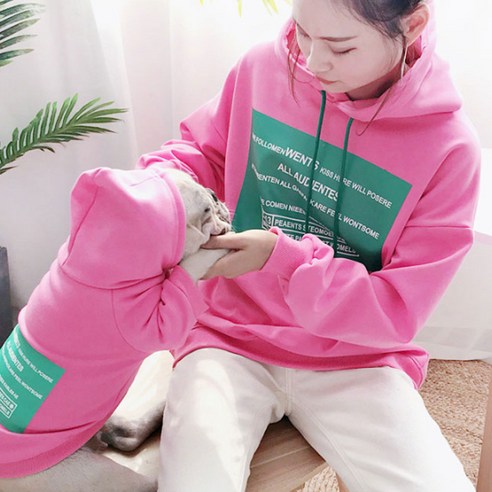 지와이에이펫 S&H 기모 프린팅 후드 반려견 견주 커플옷, 로즈 파우더, 블랙 4XL