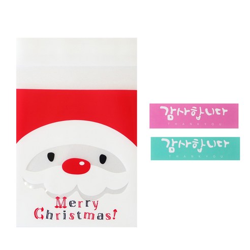황씨네도시락 산타얼굴 쿠키봉투 100p + 캘리 감사합니다 스티커 핑크민트 100p, 1세트