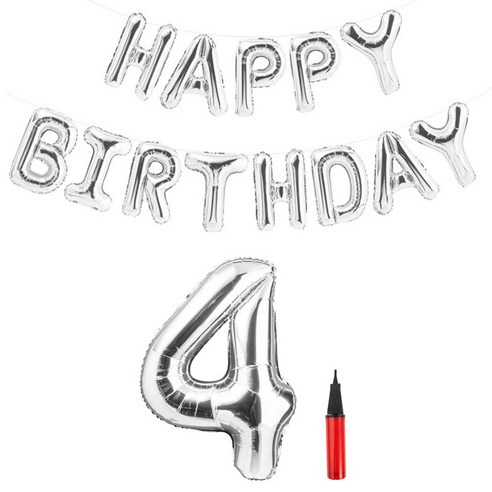 파티팡 실버 은박풍선세트 HAPPY BIRTHDAY + 숫자풍선 대 4 + 손펌프 랜덤 발송 세트, 1세트