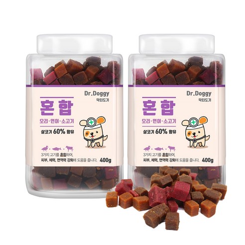 닥터도기 져키 강아지 간식, 혼합맛(오리/연어/소고기), 400g, 2개